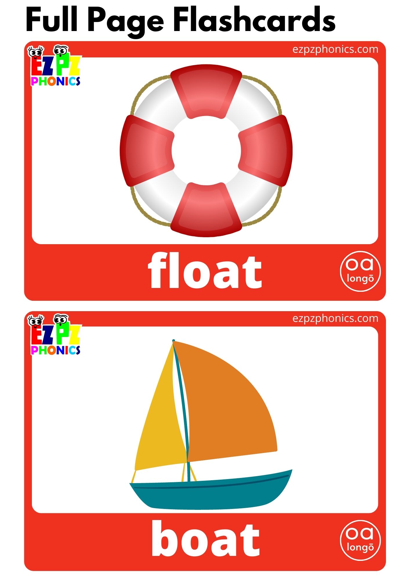 oa Words Long O Vowel Sounds Flashcards with Images and Words Free Printable PDF Download and View Online for Teaching AEIOU Phonics to Kindergarten and ESL Students
